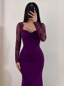 Modelyn 女款純色對比蕾絲長袖心形領魚尾下擺修身優雅晚禮服 - 紫色 - 查看 3