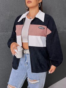 SHEIN EZwear 大尺碼拼色拉鍊外套，秋冬拼色女款外套，燈芯絨短版 Y2K 外套 - 黑與白 - 查看 3