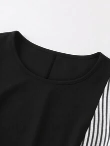 GlowEve CURVE Plus Size Women Casual Striped Patchwork Waist-Cinching Shirt And Pants 2 Pieces Set - Black and White - View 8