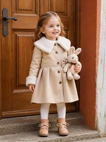 SHEIN Vintaside Kids 女嬰卡其色冬季優雅生日毛茸茸領口3D蝴蝶結洋裝外套 素色A字版型夾克 附毛絨領與袖口 小公主風 - 卡其色 - 查看 8