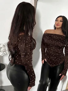 Firerie Plus Size Women Polka Dot Asymmetrical Shoulder Casual Daily Wear T-Shirt - Brown - View 4