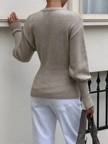 Siren Gaze Cardigan Rajut Lengan Panjang Kancing Gaya Vintage Wanita - Aprikot - View 2