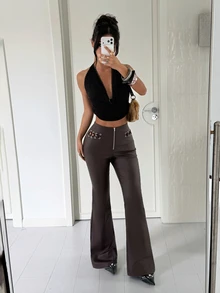 Jeanoix Women's Tie-Front Design Casual Versatile Everyday Flare Leg Pants - Chocolate Brown - View 7