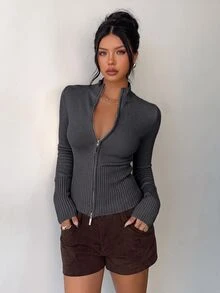 Aloruh Women's Casual Ribbed High Neck Zip-Up Long Sleeve Sweater Cardigan, Yellow, Suitable For Everyday Wear And Sports, Autumn/Winter - Dark Grey - View 7