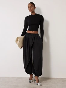 MERLEAU Women's Modern Casual Folded Panel Design Balloon Pants Pilates Plain Black Fall - Black - View 5
