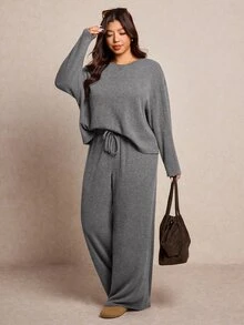 Elaquor 大尺碼女款休閒傳統居家服巧克力棕色冬季曲線居家服，秋季純色上衣與長褲兩件套舒適春季穿搭 - 灰色 - 查看 1