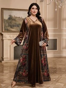 Al Najma 大尺碼女款花卉印花V領長袖阿拉伯風洋裝 - 彩色 - 查看 1