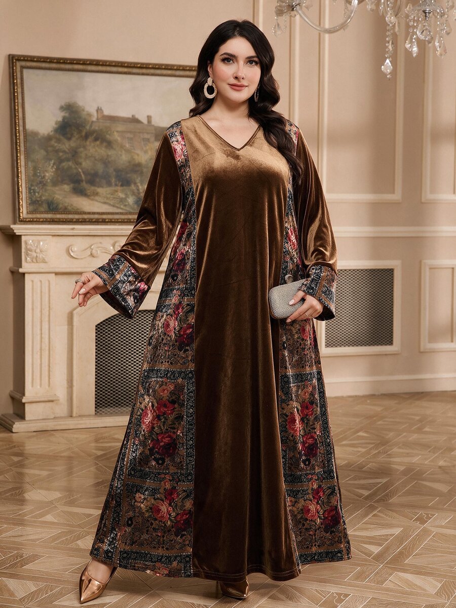 Al Najma 大尺碼女款花卉印花V領長袖阿拉伯風洋裝 - 彩色 - 查看 1