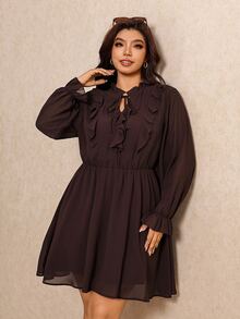 Elaquor Plus Size Women's Solid Color Ruffle Hem Casual Party Dress - Brown - View 6