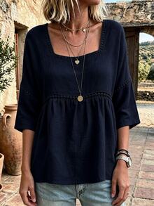 EMERY ROSE Plus Size Lady's Round-Neck Casual Resort Autumn Shirt - Navy Blue - View 5