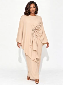 Poshavie Poshavie Plus Size Women Elegant Fashion Premium Set, Long Sleeve Round Neck Flowy Modified Robe Paired With Loose Comfortable Pants, Flattering And Slimming, Suitable For Daily Shopping, Commuting And Outings - Khaki - View 5