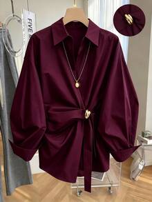 GlowEve CURVE Plus Size Women's V-Neck Pleated Fashion Blouse Fall - Purple - View 5