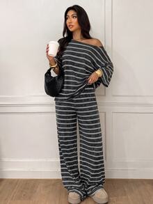 Siren Gaze 95%棉女款休閒露肩寬鬆T恤與長褲兩件套，條紋套裝 - 彩色 - 查看 5