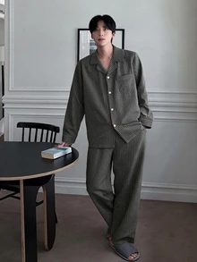 DAZY Spring/Autumn Long Sleeve Dark Gray Striped Long Pants Men's Loungewear Set - Dark Grey - View 5
