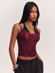 SHEIN BAE ملابس علوية نسائية بدون أكمام بياقة معلقة من الدانتيل المنسوج بتصميم متباين عصري - عنابي اللون - مشاهدة 6