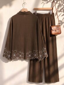 Rusticease Plus Size Vacation Embroidered Shirt And Drawstring Waist Pants 2 Pieces Set Fall - Brown - View 2