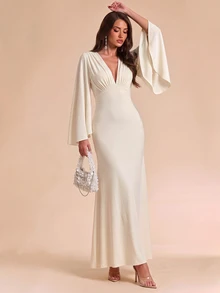 Bluhae 26 New Autumn/Winter Chiffon Flutter Long Sleeve Patchwork Knit V-Neck Women's Dress - Apricot - View 4