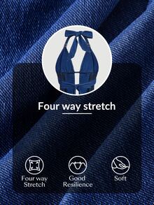 StreetHx Women's Rivet Design Deep V Pleated Slim Fit Sexy Halter Neck Denim Dress - Blue - View 11