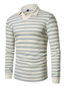 Calvornis Men's Striped Casual Long Sleeve Polo Shirt For Daily Wear - White - View 5