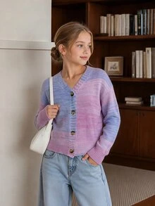 SHEIN Tween Girl Colorblock Casual Daily Cardigan - Multicolor - View 1