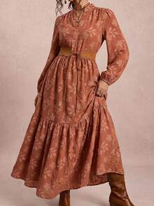 Freevana Plus Size Women's Autumn/Winter Vintage Floral Print Ruffle Hem Elegant Dress - Orange - View 3
