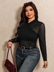 Elaquor Plus Size Solid Color Sexy Sheer Daily Wear Bodysuit - Black - View 3