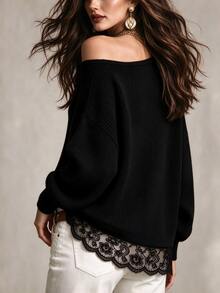 Balvessa Women's New Autumn/Winter Black Knitted Elastic Ribbed Contrast Lace Asymmetric Shoulder Long Sleeve Top - Black - View 2