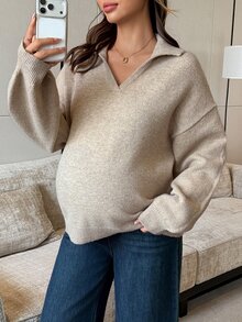 DAZY Solid Color Loose Fit Collared Long Sleeve Casual Vintage Korean Style Daily Autumn/Winter Thick Knit Sweater For Maternity - Khaki - View 4