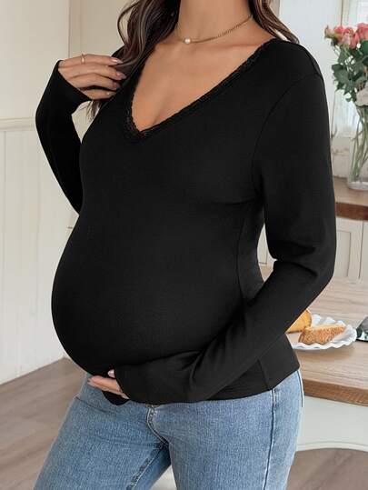 Dazy Maternity Camiseta de Maternidad de unicolor Ajustada de Manga Larga con Ribete de Encaje Casual para Uso Diario y Vacaciones Estilo Coreano Primavera Otoño