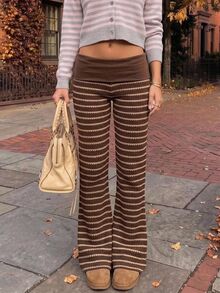 Comfortcana Large Flanged Waist With Patchwork Texture Striped Flared Pants, Suitable For Casual Wear - Brown - View 1