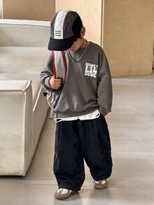 SHEIN 兒童 1件小男孩字母圖案加厚秋季衛衣，學院風寬鬆版型冬季 80s 返校日時尚舒適休閒套頭衫 - 彩色 - 查看 2
