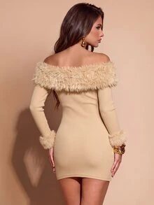Bluhae 26 Autumn/Winter New Plush Patchwork Brushed Ribbed Sexy One-Shoulder Women's Dress - Apricot - View 2