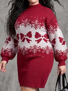 Cravure Autumn/Winter Plus Size Red Christmas Sweater Dress With Small Stand Collar, Bowknot And Snowflake Knit Skirt - Red - View 4