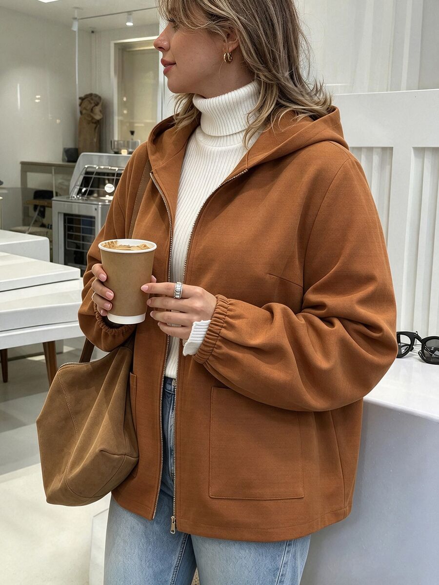 Easura Women's Plus Size Vintage Casual Hooded Zip-Up Short Loose Versatile Commute Jacket, Autumn/Winter - Brown - View 1