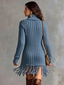Solivie Women's Autumn/Winter Blue Tassel Sweater Top, Versatile - Blue - View 2