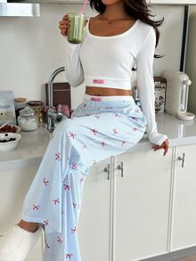 ZzzCrew Women's Vibrant Contrast Color High Elasticity Skin-Friendly Ribbed Texture Casual Slim Fit Long Sleeve & Long Pants Loungewear Pajama Set - Multicolor - View 3
