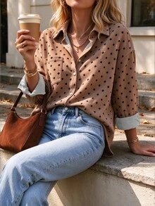 Franclia Women's Polka Dot Casual Daily Long Sleeve Blouse - Camel - View 8