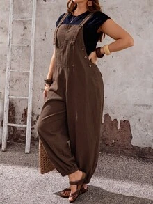 EMERY ROSE EMERY ROSE Plus Size Women's Wide Leg Loose Casual Denim Overalls - Brown - View 6