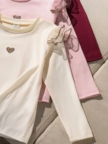 SHEIN 3pcs/Set Girls' Autumn/Winter Ruffle Flutter Sleeve Knitted Embroidered Heart Long Sleeve T-Shirt Back To School Black Baby Pink White Fairy - Multicolor - View 8
