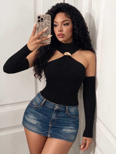 BamGleam Women's Sleeveless Black Ribbed Knit Sweater Top, Round Neck, Short Length, Cold Shoulder, Slim Fit, Casual Commute, Bold Avant-Garde, Vacation, Work, Party, Banquet, Evening, Gathering