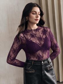 Anewsta Sexy Sheer Lace Long Sleeve Top - Purple - View 1