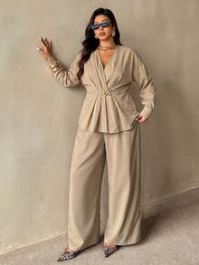 Auralis Plus Size Cross V-Neck Metal Buckle Decor Long Sleeve Top & Straight Leg Pants/Elastic Waistband Set/Khaki – Work/Casual - Khaki - View 6