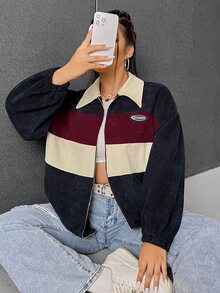 SHEIN EZwear جاكيت مقاس كبير بتصميم كتل لونية مع سحاب، جاكيت كتل لونية خريف/شتاء للنساء، جاكيت مخمل، جاكيت قصير، جاكيت Y2k - عنابي اللون - مشاهدة 5