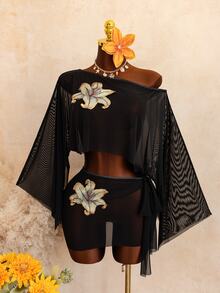 Sirith 2pcs Asymmetric Shoulder Mesh 3D Floral Wide Sleeve Bodycon Dress, Spring/Summer Beach Vacation Casual Sexy Cover-Up Set - Black - View 5