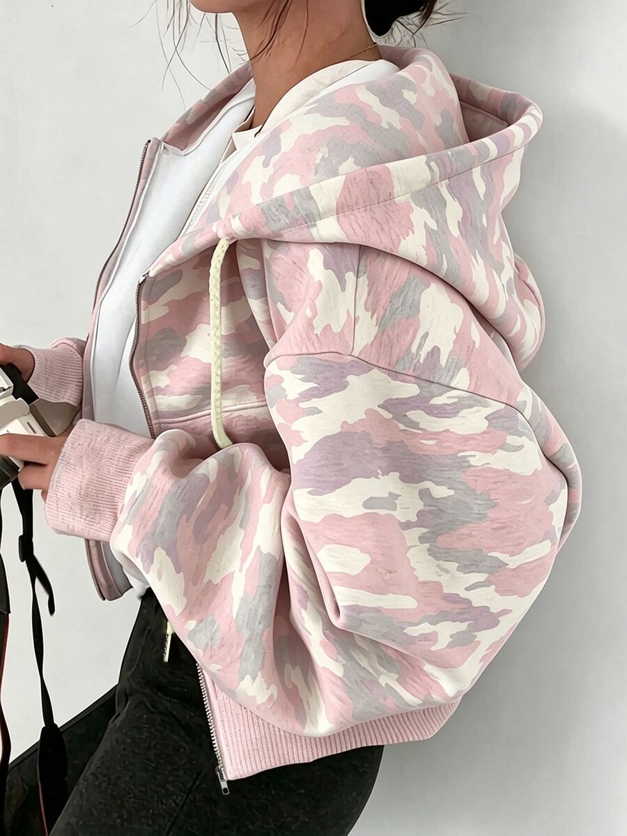 SHEIN x Carly Lawrence INAWLY 女款休閒迷彩印花連帽抽繩拉鍊運動衫 - 粉色 - 查看 1