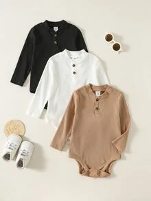 SHEIN 3件裝嬰兒男童女童純色針織柔軟圓領長袖連身衣 - 彩色 - 查看 1
