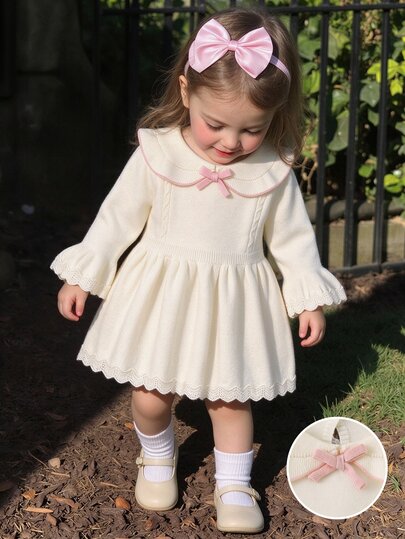 SHEIN Vestido de punto elegante para niñas, estilo escolar de otoño color marrón café, manga larga, cuello solapa, falda amplia, vestido suéter, bordado vintage a juego para la familia