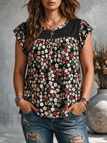 Ceyna 大尺碼女款法式休閒 Soft Form 柔美優雅印花荷葉袖圓領 T-shirt，藍白配色，適合夏季度假 - 黑色 - 查看 1