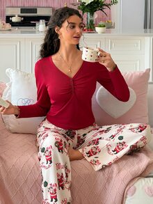 SweetSlumber Cute Christmas Sweet INS Contrast Color Santa Claus & Christmas Tree Print Fitted Sexy Women's Pajama Set - Multicolor - View 3