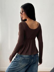 SHEIN EZwear 女款軍綠色前排扣長袖休閒襯衫，適合秋冬 - 咖啡棕 - 查看 2
